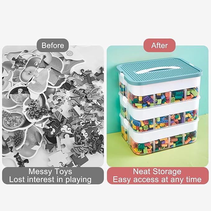 Toys Organizer Storage Case for Lego Box Kids Toy Stackable Building Blocks with Lids Bins Adjustable Lego Storage Containers Plastic Toy Box 3 Layer (Green)-Ruum Studio Home