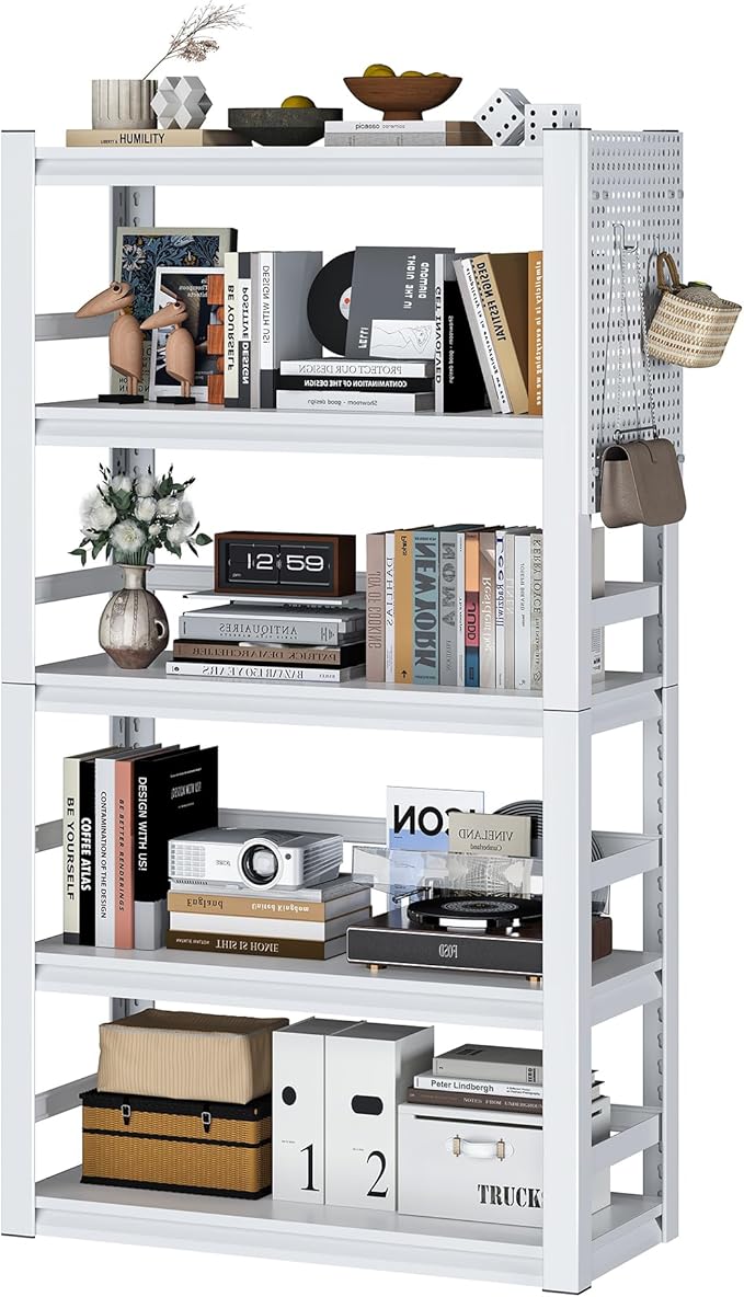 Book Shelf, 5 Tier Bookshelf, Industrial Bookcase Modern Bookshelves for Book/CD/Movie, Metal Shelving Unit for Living Room Home Office Kitchen, White-Ruum Studio Home