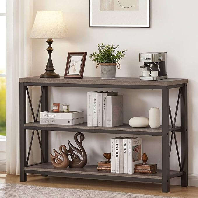 BON AUGURE Rustic Sofa Table Behind Couch, Industrial Console Tables for Entryway, 3 Tier Wood Shelves Entry Table with Storage for Foyer, Hallway, Front Door (47 Inch, Dark Grey Oak)-Ruum Studio Home