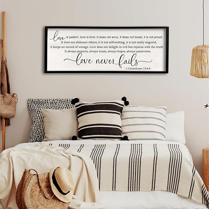 flowtorely Love is Patient, Kind Wall Art Decor 40"X15" Love Never Fails Sign 1 Corinthians 13 Bedroom Above Bed Large Bible Verse Quote Scripture Christianity Hanging Sign (Black)-Ruum Studio Home