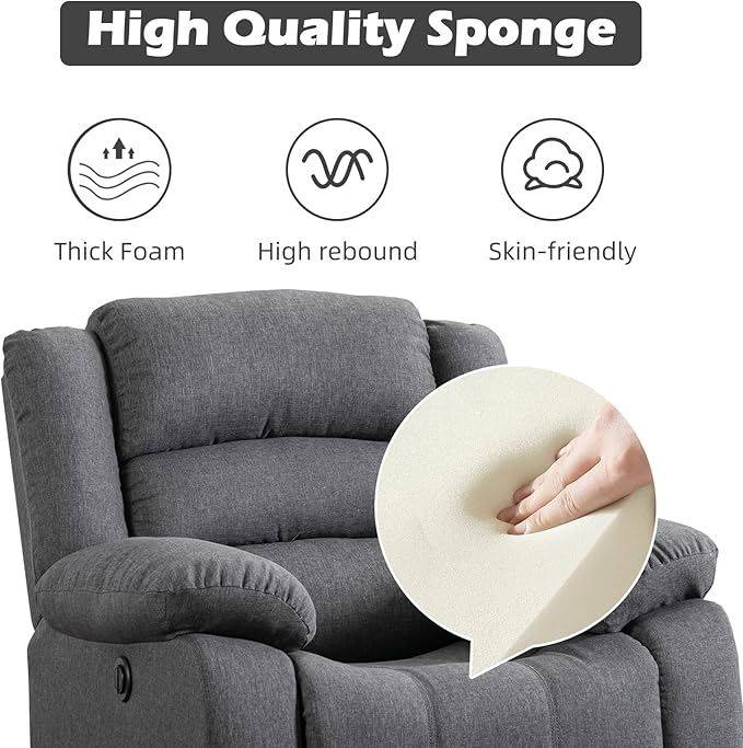 EBELLO Classic Power Recliner Chair, Oversized Electric Reclining Chair with Overstuffed Cushion and Back, Soft Fabric Adults Single Recliner Sofa for Living Room, Grey-Ruum Studio Home