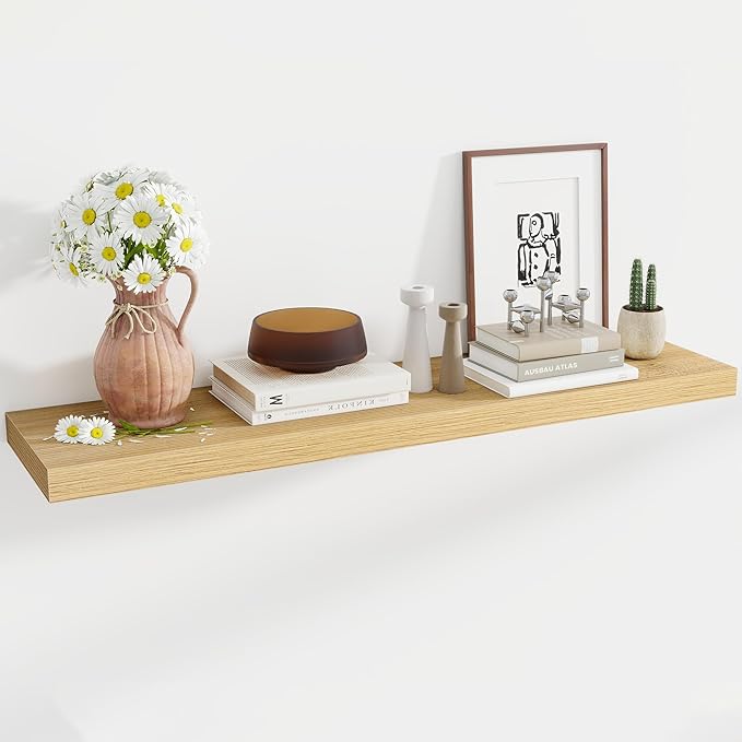48 Inch Floating Shelves, 12 Inch Deep Floating Shelves for Wall, Large Floating Shelf with Invisible Brackets, Deep Shelves for Bathroom, Bedroom, Living Room, 1 Pack, Natural-Ruum Studio Home