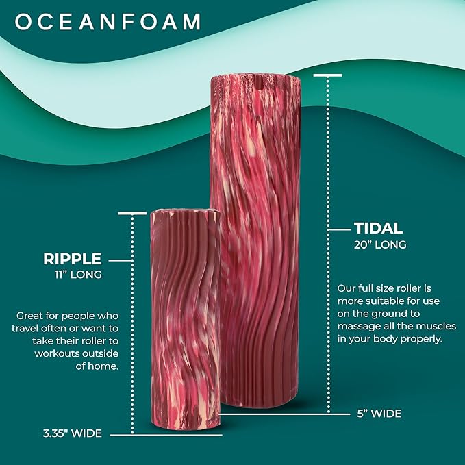 Oceanfoam Tidal Roller - Maroon, Blush & Hot Pink Marbled - Muscle Massage Foam Roller for Back Pain & Stretching - Firm & Ergonomic Wide Wave Textured - Yoga & Athletics - Full Size, 20" x 5"-Ruum Studio Home