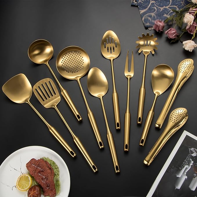 304 Stainlss Steel Matte Kitchen Utensils Set, 11 Pcs Long Metal Cooking Utensil Gadgets Tools Set with Spatula, Spoon, Ladle, Skimmer, Tunner, Pasta Server, Tongs(Gold, Dishwasher Safe)-Ruum Studio Home