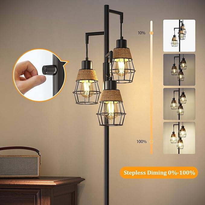 Oneach 68" Floor Lamps for Living Room, Stepless Dimmable Boho Floor Lamp with 3 Bulbs, Tall Farmhouse Industrial Corner Standing Tree Lamp for Bedroom, Office, Study Room, Dining Room, Black-Ruum Studio Home