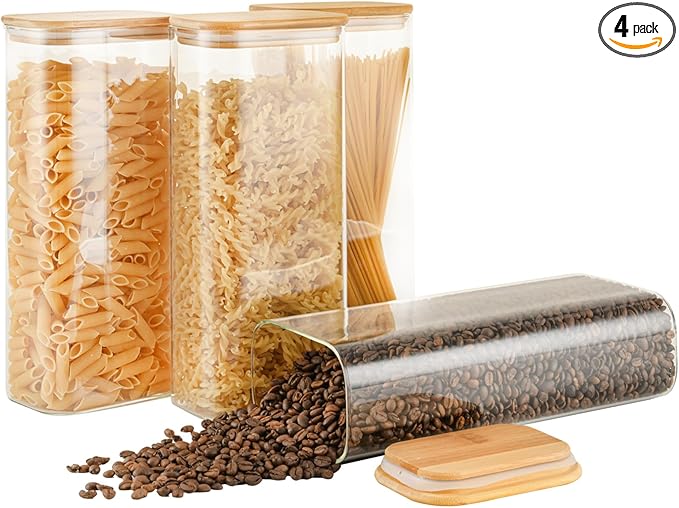 71oz Rectangle Airtight Glass Storage Containers with Bamboo Lids (Set of 4), Square Food Storage Jar, Pantry Organizers for Sugar, Flour, Spaghetti and Coffee beans (‎with Black Lable)-Ruum Studio Home