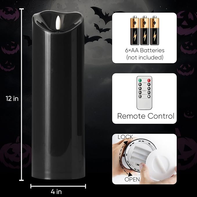 Homemory 4"x12" Black Flameless Candles, Halloween Candles, Outdoor Waterproof Flameless Candles with Remote and Timers, Gothic, Battery Operated LED Pillar Candles, Won't Melt Plastic, 2Pack-Ruum Studio Home