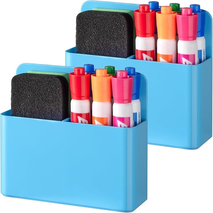 BEYGORM 2 Pack Plastics Magnetic Pen Holder for Refrigerator, Dry Erase Marker Holder for Whiteboard，Magnet School Locker Organizer Accessories, Pencil Cup, Pen Caddy, Classroom Organization(Blue)-Ruum Studio Home