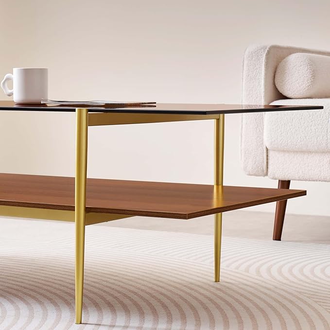 Extra Large Rectangle Glass Coffee Table, Mid-Century Modern Design for Living Room, L47 x W24 x H17, Amber Glass Top and Walnut MDF Shelf, Sleek Conical Metal Legs with Gold Finish-Ruum Studio Home