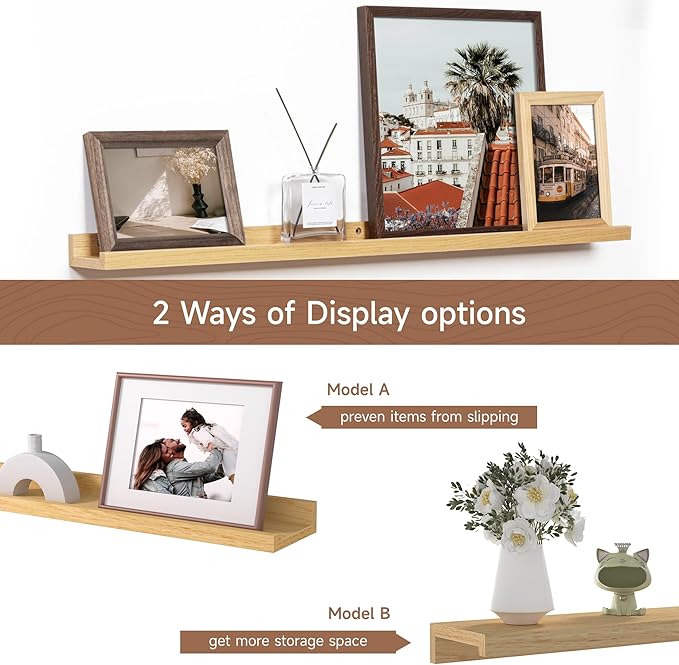 Fun Memories Picture Ledge Shelf, 36 Inch Floating Shelves Set of 2, Nursery Book Shelves for Toys Storage, Kids Bookshelf Wall Mounted for Wall Decor Books Photo Frames, Oak-Ruum Studio Home