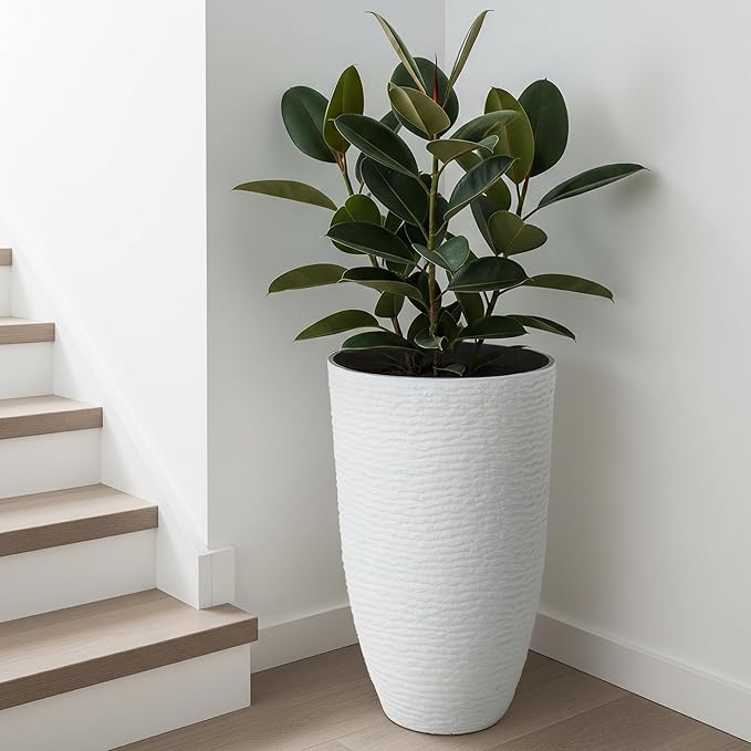Worth Garden 2-Pack 21" H. White Tall Planters - 14'' Dia Resin Large Round Flower Pots for Outdoor Plants Trees - Imitation Stone Finish Plastic Indoor Front Porch 9 Gallon Decorative Container Patio-Ruum Studio Home