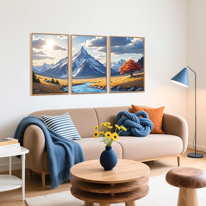 HPNIUB Landscape Mountain Wall Art Set, Rustic River Sunrise Pine Tree Forest Nature Scenry Wilderness Art Print, Farmhouse Grassland Modern Sky Decorative for Living Room, Bedroom, Office-16 x24 x3-Ruum Studio Home