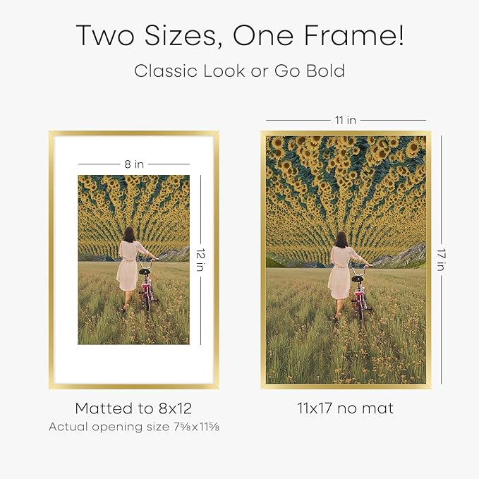 Homeforia 11x17 Picture Frame Gold, High End Metal 11x17 Poster Frames with Mat 8x12 for Photo, 11 x 17 Gold Frame Matted to 8 by 12 Print, 17x11 Thin Hanging Frame, Tempered Glass, Wall Kit, Set of 1-Ruum Studio Home
