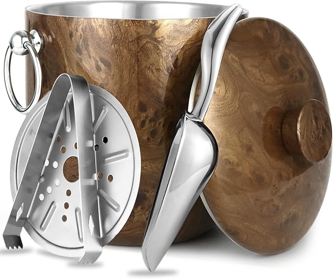 Ice Bucket with Lid, Scoop, Tongs and Strainer - Well Made Insulated Stainless Steel Keep Ice Frozen Longer - Ideal for Cocktail Bar, Parties, Chilling Wine, Champagne - 3 Liter (Teakwood)-Ruum Studio Home
