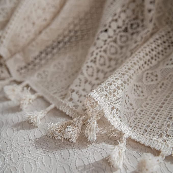 Sutuo Home Boho Sheer Curtain 108 Inches Long, Crochet Lace with Bohemian Hollow Knitted Handmade Tassels,Vintage Farmhouse Window Treatment for Bedroom, Rod Pocket, 1 Panel 59" W x 108" L, Beige-Ruum Studio Home