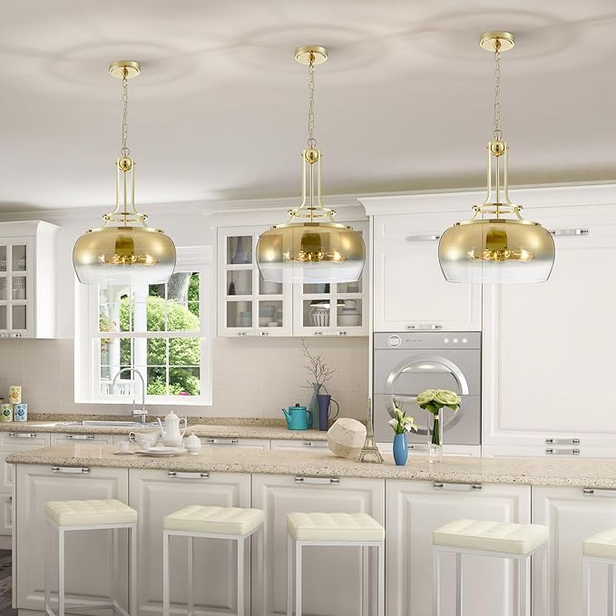 WUZUPS Gold Chandelier Rustic Farmhouse Industrial Round Ceiling Pendant LED Light Fixture with Gradient Glass Shade for Dining Room Kitchen Island Foyer Entryway, H 20.9" W 15.9", E26 Base-Ruum Studio Home