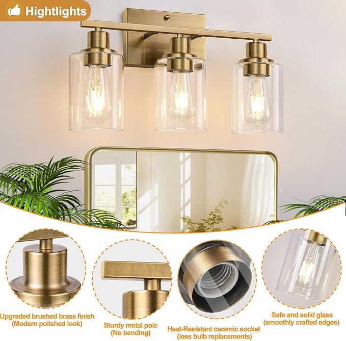 3 Light Bathroom Light Fixtures, Brass Vanity Lights for Bathroom with Clear Glass Shades, Modern Bathroom Wall Sconces for Mirror Living Room Cabinet-Ruum Studio Home