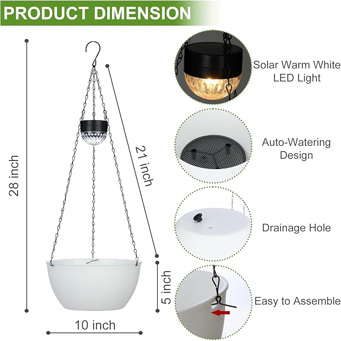 2 Packs Solar Hanging Basket Planters for Plants Outdoor, Self Watering White Flower Plants Pots with Solar Light Drainer for Balcony Patio Garden Outdoor Decoration-Ruum Studio Home