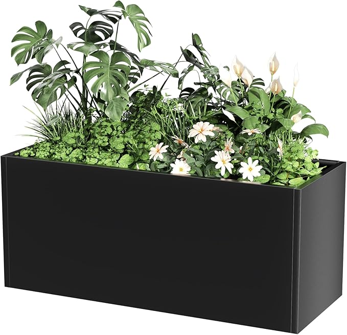 Long Metal Cube Planter for Outdoor Plants 15" W x 38" L x 16.25" H, Heavy Duty Steel Rectangular Planter Box with Removable Insert Shelf, Modern Décor for Outside, Indoor, Garden (Black)-Ruum Studio Home