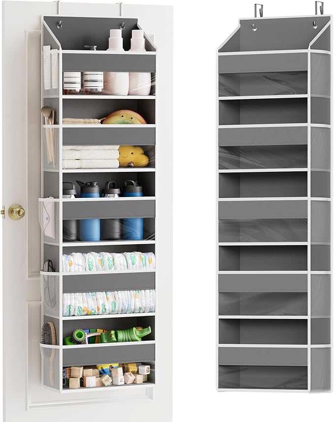 SpaceAid 1 Pack Over The Door Organizer with 5 Large Pockets and 10 Mesh Side Pockets, 5 Layers Door Organizer Hanging with Clear Window for Bedroom, Bathroom, Pantry and Nursery, Gray-Ruum Studio Home
