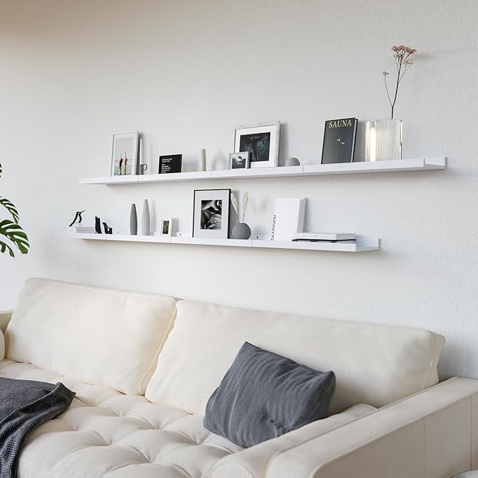 RICHER HOUSE 8 Set Floating Wall Mounted Shelves, Nursery Hanging Book Shelves with Lip for Storage, White Display Picture Ledge Shelf for Bedroom Bathroom Kitchen Living Room Wall Decor, Modern White-Ruum Studio Home