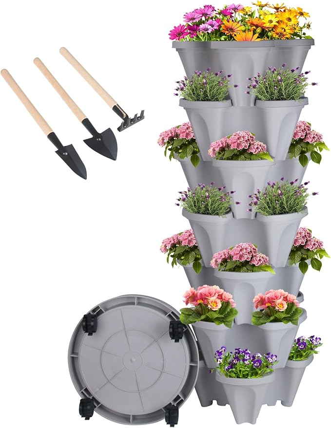 Vertical Planter 7 Tier Stackable Planters Garden Planters Strawberry Herb Flower and Vegetable Planter Indoor Outdoor Gardening Pots with Removable Wheels and Tools-Ruum Studio Home
