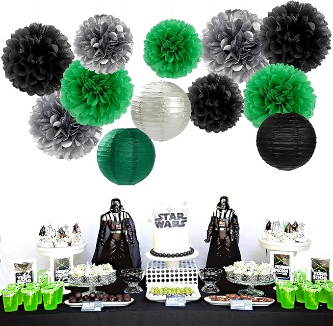 Green-Black Silver Party-Decorations Paper Flowers Lanterns - 15PCS Football Game Day Birthday Tissue Pom Poms Streamers, Bachelorette New Years Hanging Supplies Decor Hugfond-Ruum Studio Home