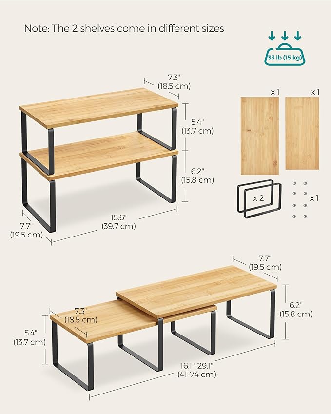 SONGMICS Cabinet Organizer Shelf, Set of 2 Kitchen Counter Shelves, Kitchen Storage, Spice Rack, Stackable, Expandable, Metal and Engineered Wood, Ink Black and Natural Beige UKCS200B01-Ruum Studio Home