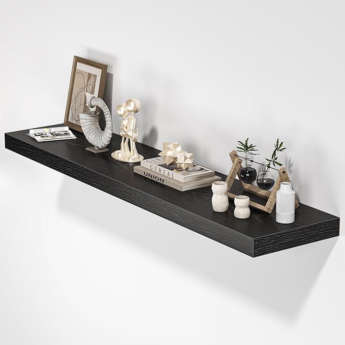 Floating Shelves for Wall, 48" W x 9.3" D x 1.5" H, Wooden Wall Mounted Display Shelves with Invisible Brackets for Living Room, Bedroom, Bathroom, Kitchen Decor and Storage, Set of 1, Black-Ruum Studio Home
