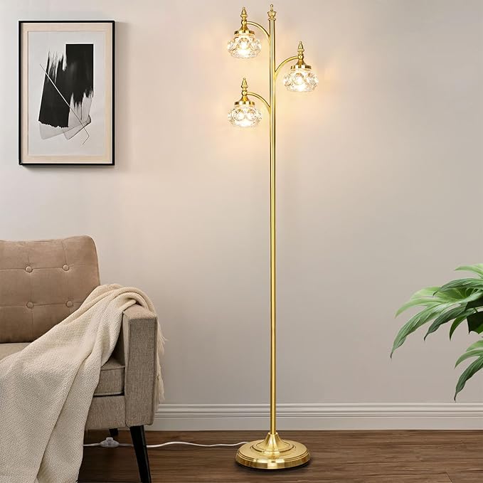 Gold Floor Lamp, Dimmable Tree Floor Lamps for Living Room Brass Tall Standing Lamp with 3 Rotatable Lights Glass Shade 66.5'' Modern Corner Lamp for Bedroom Office(3LED Bulbs Included)-Ruum Studio Home