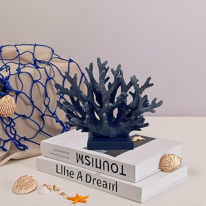 5.8" H Dark Blue Coral Decor - Resin Coral Statue, Nautical Decor for Home, Bedroom, Bathroom, Living Room, Ocean Themed Cabinet Shelf Tabletop Decoration-Ruum Studio Home