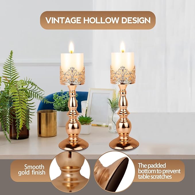 Candle Holders for Pillar Candles Gothic Matte Black Vintage Tall Candle Holders Set of 2 Decorative Large Table Centerpieces Candle Stand Decor (Gold 2PCS A)-Ruum Studio Home