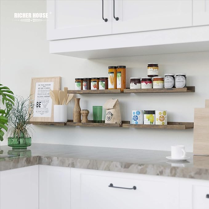 RICHER HOUSE 8 Set Floating Wall Mounted Shelves, Nursery Hanging Book Shelves with Lip for Storage, Display Picture Ledge Shelf for Bedroom Bathroom Kitchen Living Room Wall Decor, Rustic Brown-Ruum Studio Home