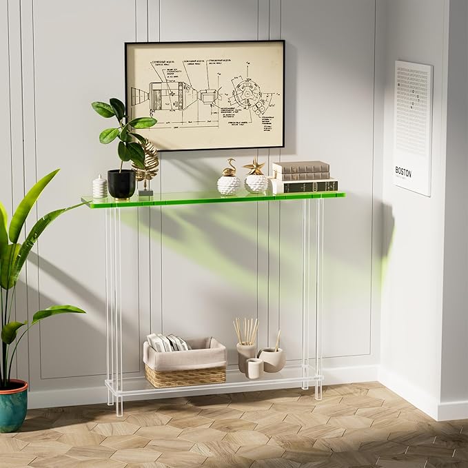 Sleek Modern 2-Tier Acrylic Console Table, 39.4" L x 7.6" W x 31.5" H - Entryway Table for Hallway, Living Room, Sofa Side, Small Spaces (Green)-Ruum Studio Home