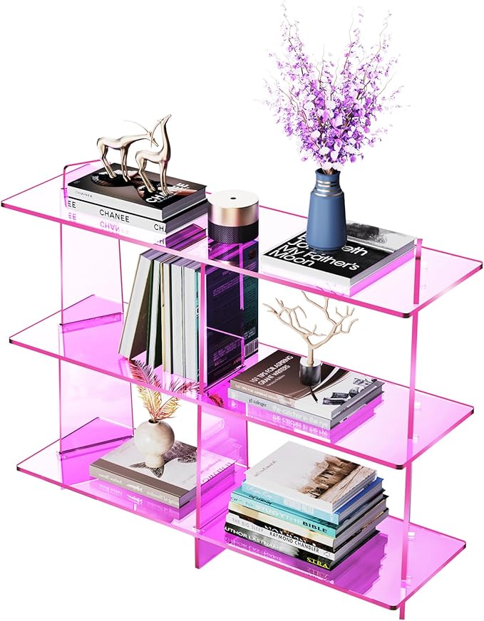 Acrylic Bookshelf, Small 3 Tier Open Bookcase for Small Spaces,Sofa Table, Hallway Entry Table for Home Living Room (Pink, 39.4'' x 11.8'' x 31.5'')-Ruum Studio Home