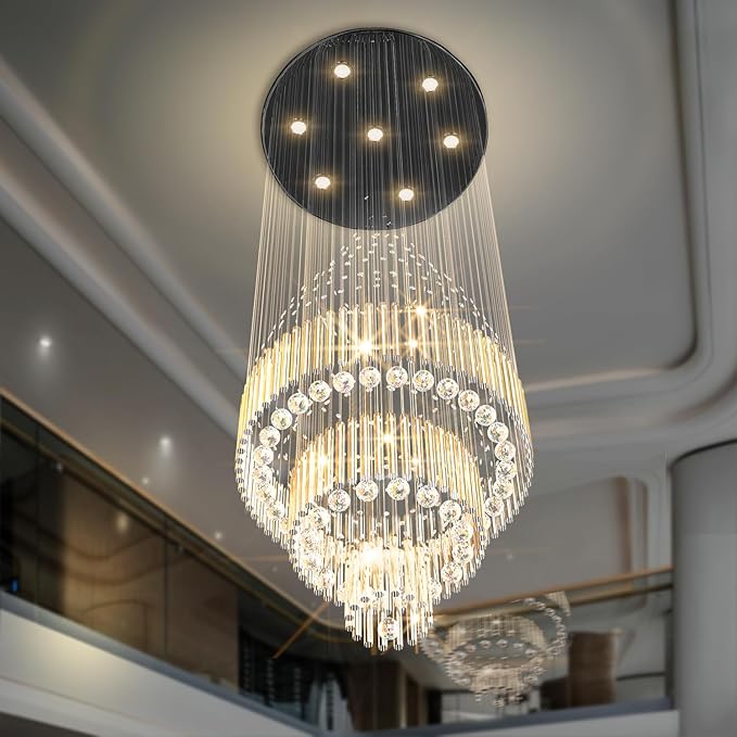 Flashing God D24''XH86'' Modern Foyer Chandelier for High Ceiling Raindrop Crystal Chandelier High Ceiling Pendant Light Fixture for Hallway Living Room (Black Staircase Chandeliers)-Ruum Studio Home