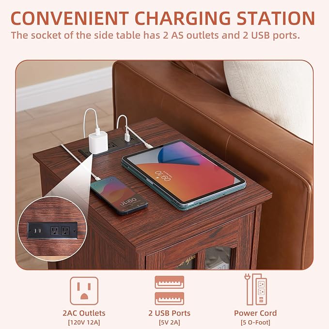 Narrow Side Table,Farmhouse Nightstand with Charging Station,Wood End Table with Glass Barn Door Storage, Cabinet Organizer with Adjustable Shelf, Night Stand for Small Spaces for Living Room Bedroom-Ruum Studio Home