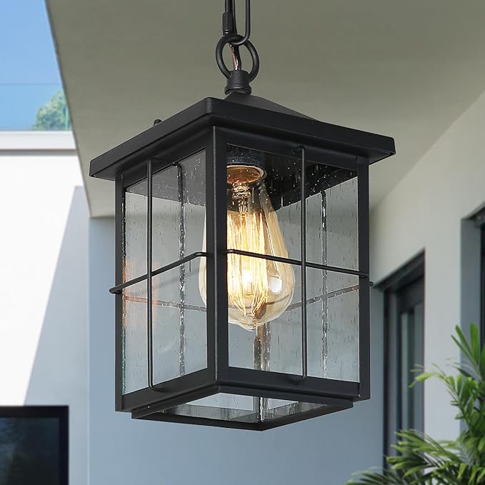 LOG BARN Outdoor Pendant Light Fixture, Farmhouse Exterior Lights, Anti-Rust Ceiling Outdoor Light with Seeded Glass, Lantern Hanging Light for Front Door, Entry, Porch, and Gazebo-Ruum Studio Home