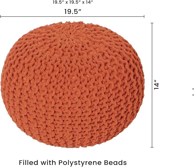REDEARTH Round Pouf Ottoman - Hand Knitted Cable Boho Poof - Pouffe Circular Footrest for Living Room - Bedroom - Patio - 100% Cotton (19.5"x19.5"x14") - Burnt Orange-Ruum Studio Home