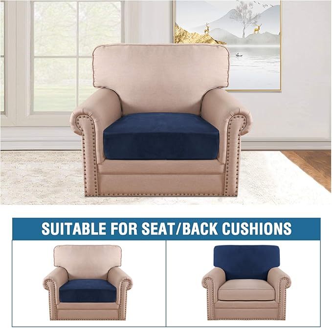 H.VERSAILTEX Velvet Stretch Couch Cushion Cover Plush Cushion Slipcover for Chair Cushion Furniture Protector Seat Cushion Sofa Cover (1 Piece Armchair Cushion Covers, Navy)-Ruum Studio Home