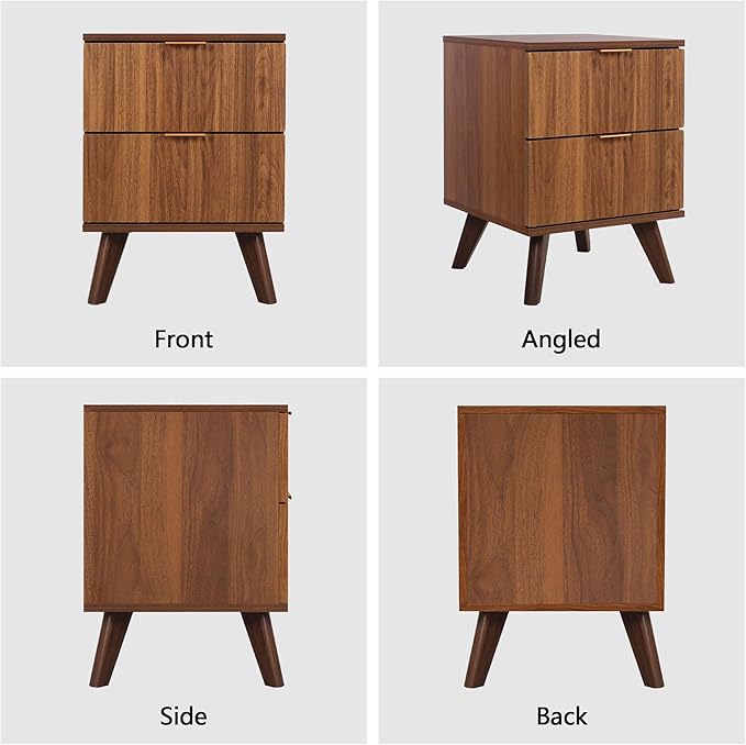 Fluted Nightstand, Mid Century Modern 2 Drawer Bedside Table for Bedroom, Small Dresser Night Stand Side End Table with Wood Fluted Drawer Storage for Bedroom Closet(Walnut)-Ruum Studio Home