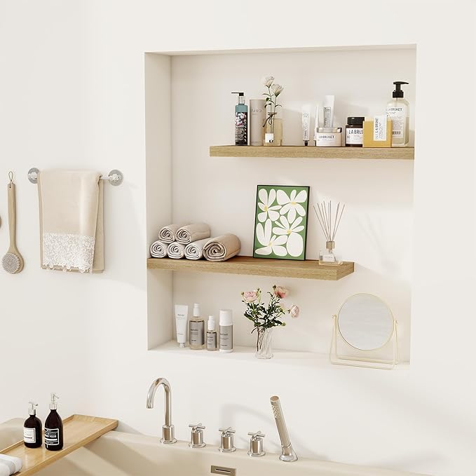 Fun Memories Floating Shelves for Wall, 22.5" Rustic Wood Deep Wall Mounted Shelves with Invisible Brackets for Decor & Storage, Floating Shelf for Living Room, Bathroom (Oak, Set of 2)-Ruum Studio Home