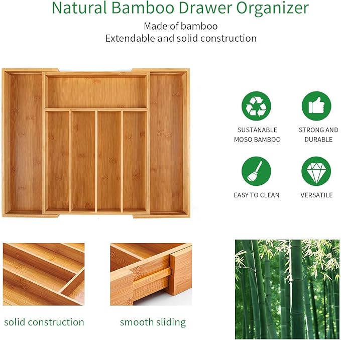 Utoplike Bamboo Cutlery Tray Silverware, Drawer Dividers for Kitchen Utensils, Flatware Tray Drawer Insert for knives, Gadgets and Garage Tools, Office Supplies-Ruum Studio Home