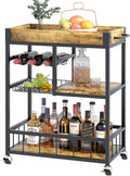 Bar Cart with Basket 3 Tiers Home Rolling Wine Rack with Wheels Mobile Kitchen Industrial Vintage Style Wood Metal Serving Trolley Serving Cart,Glass Holder Bar Cabinet-Ruum Studio Home