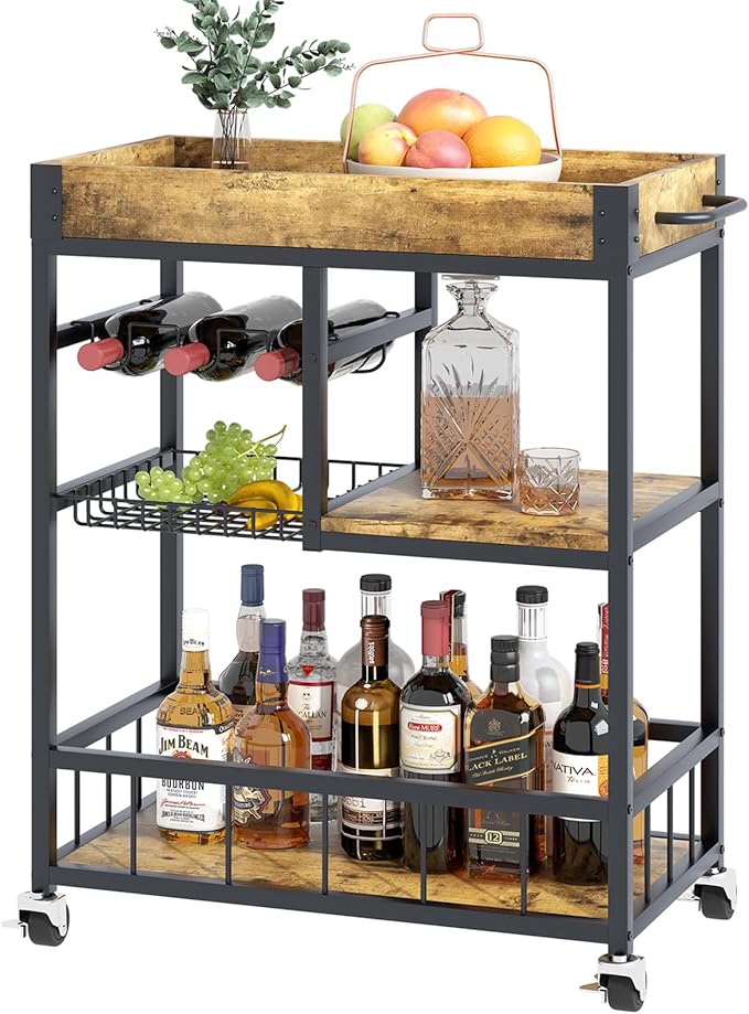 Bar Cart with Basket 3 Tiers Home Rolling Wine Rack with Wheels Mobile Kitchen Industrial Vintage Style Wood Metal Serving Trolley Serving Cart,Glass Holder Bar Cabinet-Ruum Studio Home