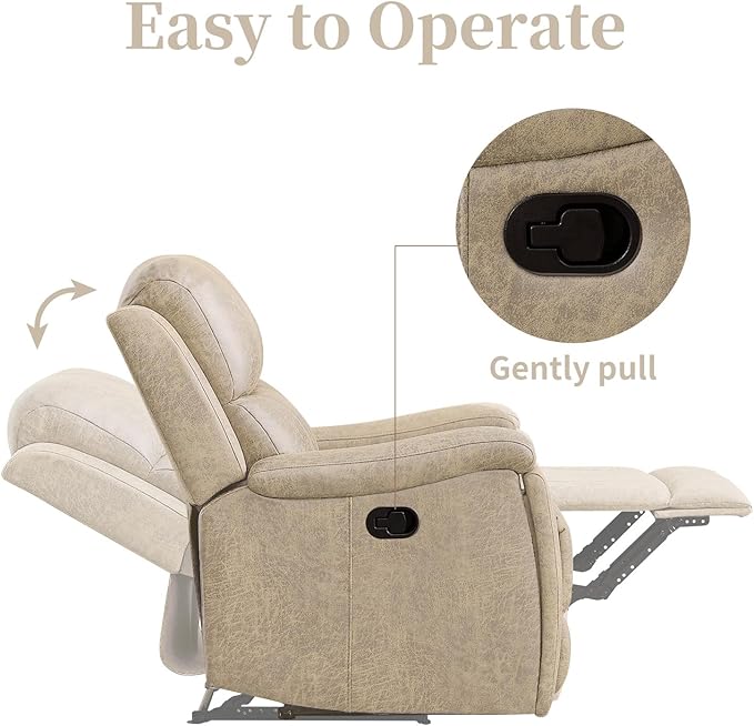 EBELLO Recliner Chair, Single Overstuffed Sofa Recliner, Breathable Faux Leather Manual Reclining Chairs with Hidden Cup Holder, Arm and Back for Adults, Living Room, Bedroom, Beige-Ruum Studio Home