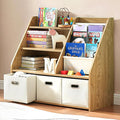 Kids Bookshelf, Kids Toy Storage Organizer with Storage Bins, Wooden Bookshelf and Book Display Shelf for Bedroom, Playroom, Nursery, Classroom, Teak Color-Ruum Studio Home