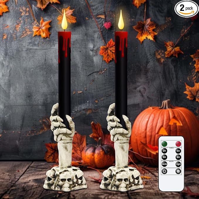 GenSwin Halloween Black Taper Flameless Candles with Ghost Hand Candlesticks and Remote Timer, 2 Pcs Battery Operated Taper Candles with Holder and 3D Flame for Halloween Decor-Ruum Studio Home