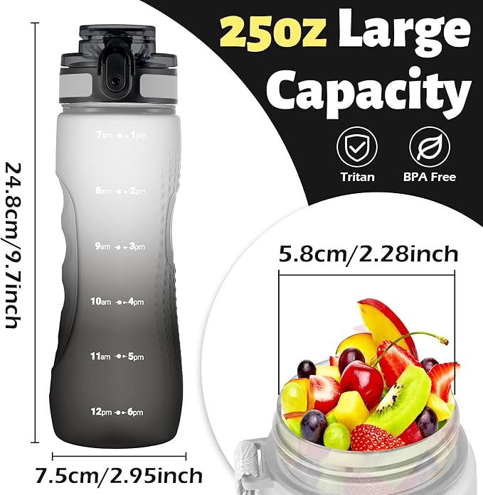 OLDLEY 25 oz Water Bottle, Motivational Water Bottle with Time Marker, Sports Water Bottle With Strap, Leakproof & BPA Free Large Water Bottles for School, Gym, Travel, Outdoor, Tritan,White&Black-Ruum Studio Home