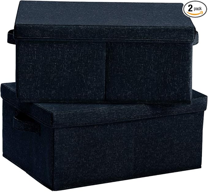 HOONEX Linen Foldable Storage Bins with Lids, 2 Pack, Storage Boxes with Carrying Handles and Sturdy Heavy Cardboard, 16.5" L x 11.8" W x 7.5" H for Shoes, Books, Clothes, Nursery, Dark Grey-Ruum Studio Home